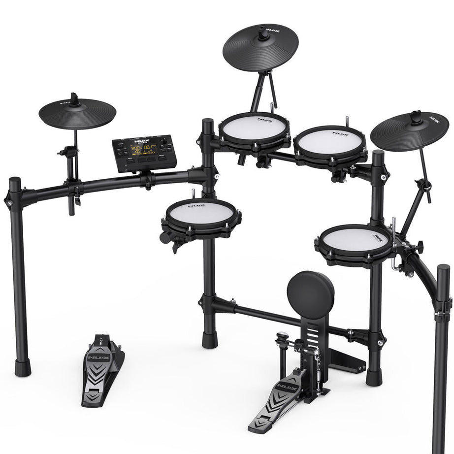 NUX DM-210 all-mesh electronic drum kit with dual-zone mesh pads, Bluetooth audio, USB MIDI, and kick tower available at Musicland Music Shop.