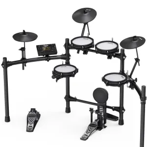 NUX DM-210 all-mesh electronic drum kit with dual-zone mesh pads, Bluetooth audio, USB MIDI, and kick tower available at Musicland Music Shop.