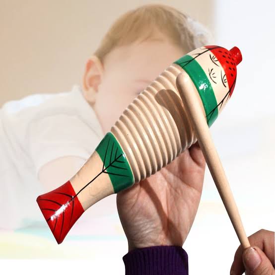 Fish-Shaped Wooden Guiro Percussion Instrument with Scraper