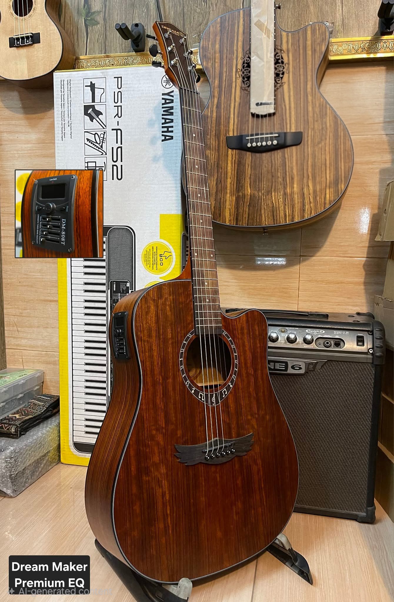 Dream Maker Premium EQ acoustic-electric guitar with cutaway body and built-in 4-band preamp system in natural wood finish.