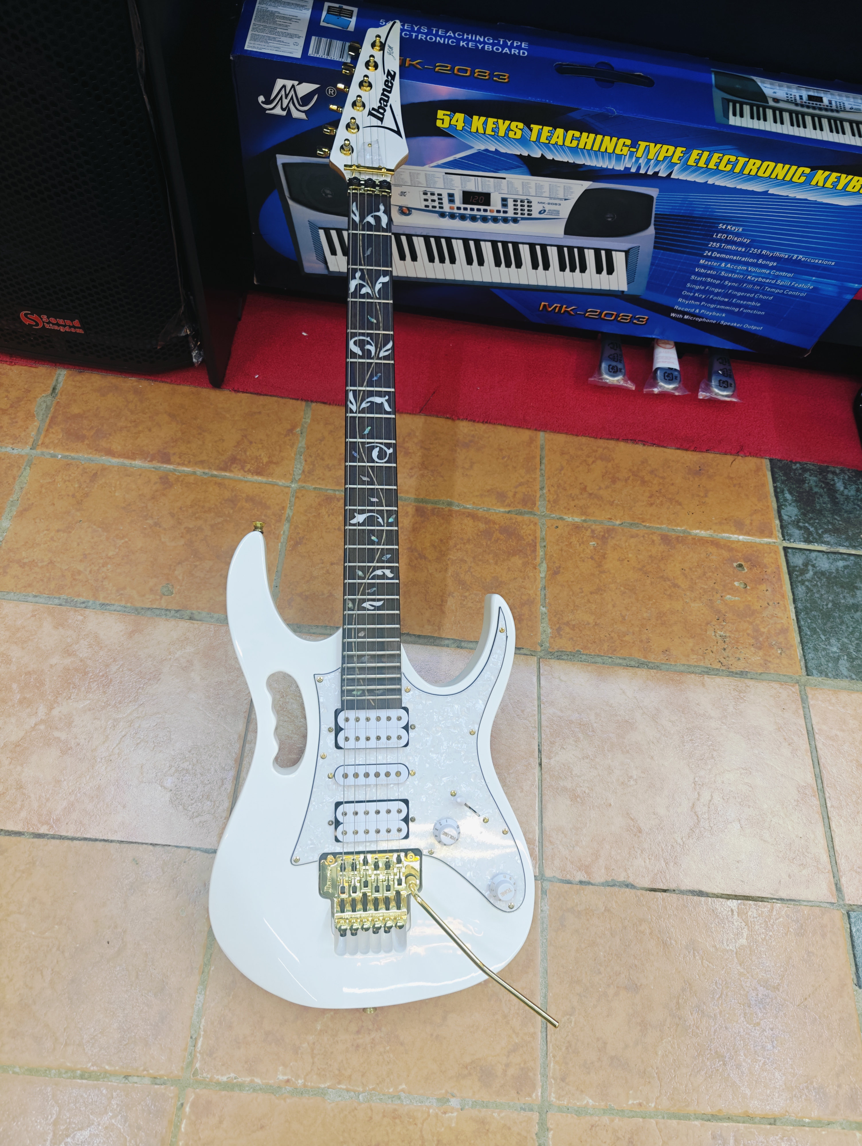 Ibanez JEM7VP Steve Vai Signature Premium electric guitar with Tree of Life inlay, Monkey Grip handle, and DiMarzio Evolution HSH pickups.