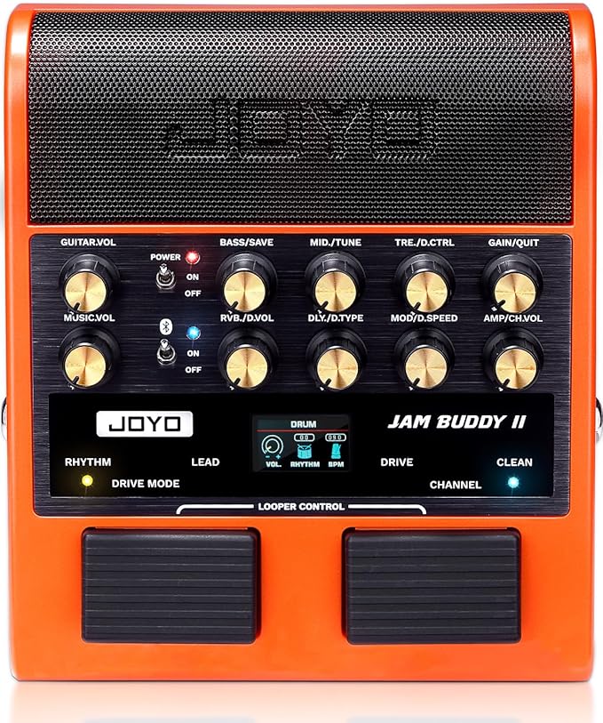JOYO Jam Buddy rechargeable dual-channel pedal guitar amplifier with Bluetooth, delay effect, and built-in speakers for portable guitar practice.