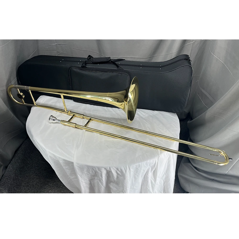 Premier Bb slide trombone with lacquered brass finish, smooth slide action, hard case, and mouthpiece for students and professional musicians.