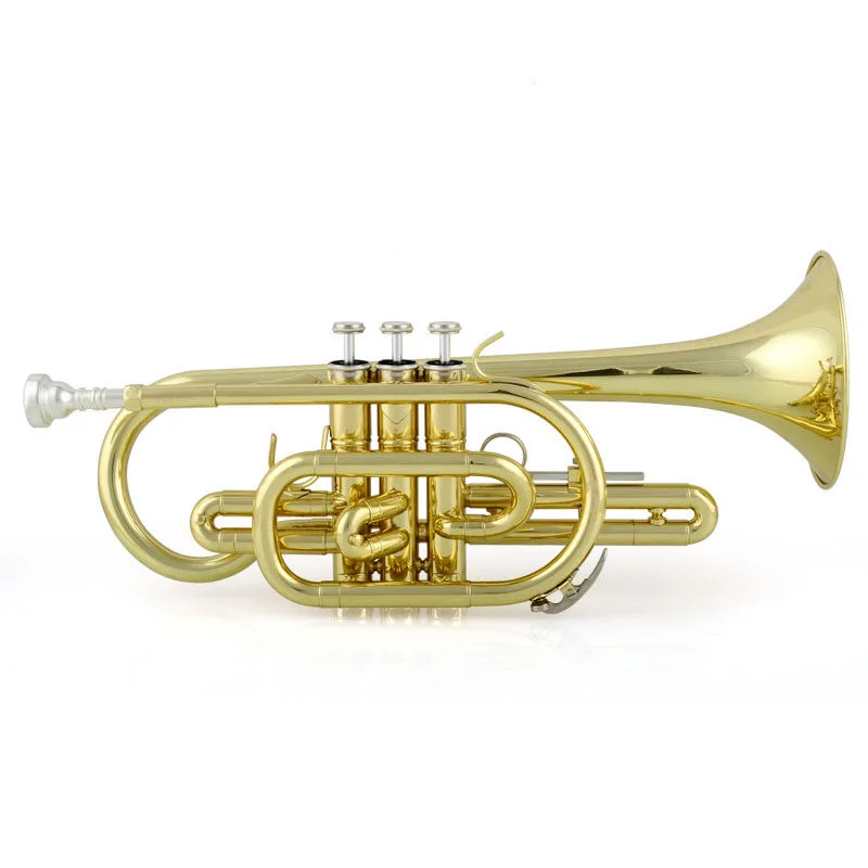 Premier England gold Bb cornet with lacquered brass finish, smooth piston valves, hard case, and mouthpiece for brass bands, churches, and school musicians.